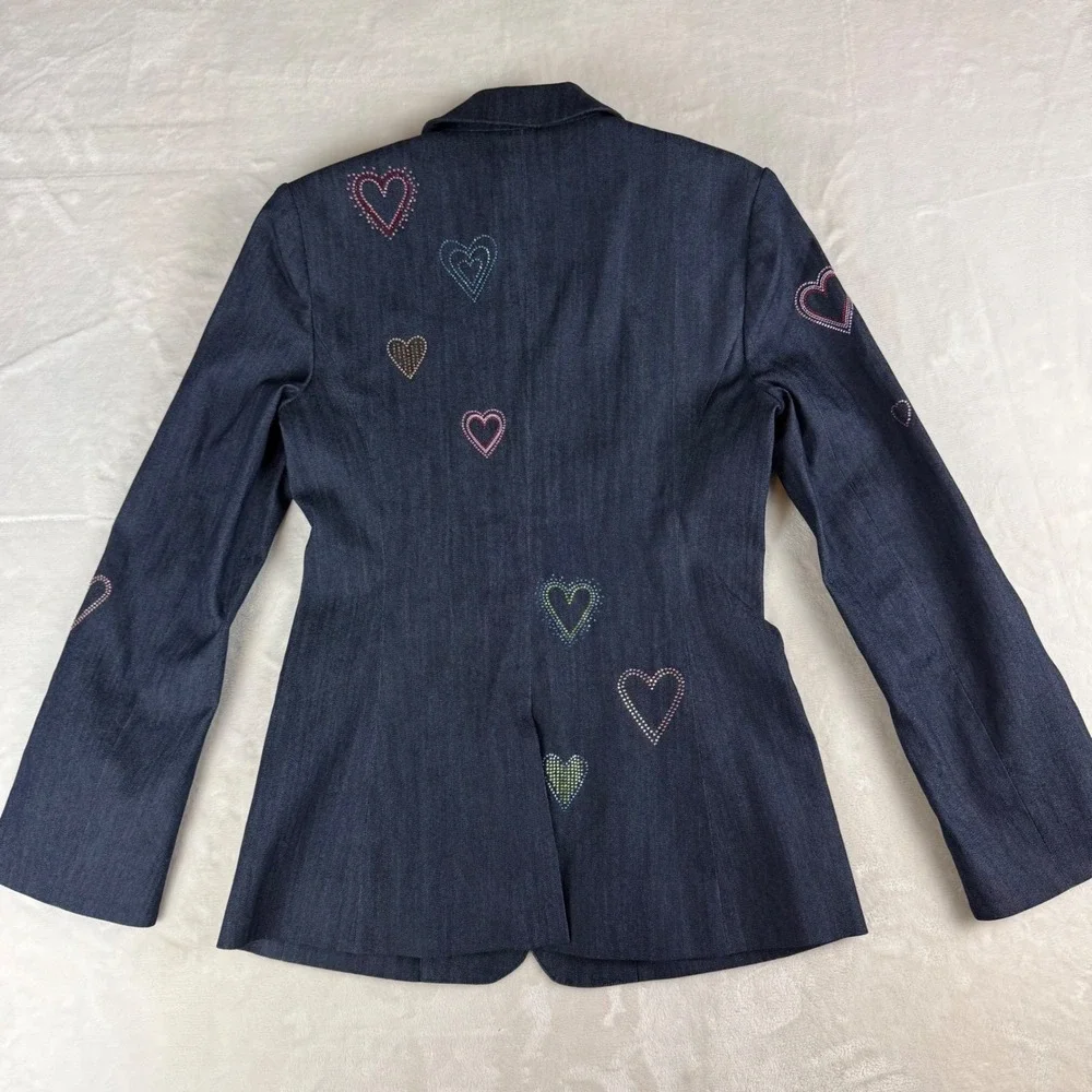 Cinq a Sept Cheyenne Blazer Women Size 6 Blue Denim Rhinestone Heart Embellished